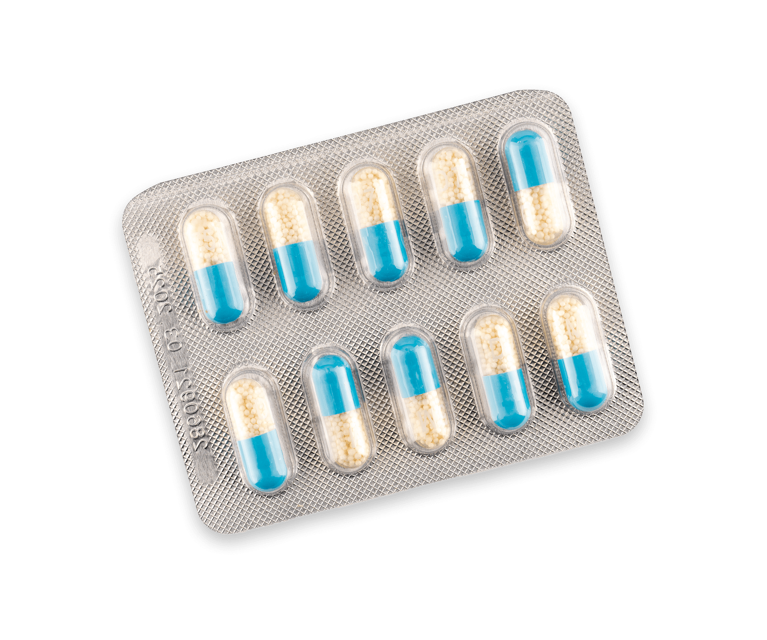Packet of blue and white capsules